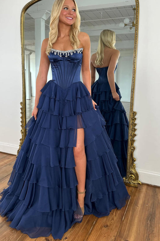 Gorgeous A Line Scoop Neck Navy Chiffon Tiered Prom Dress with Slit