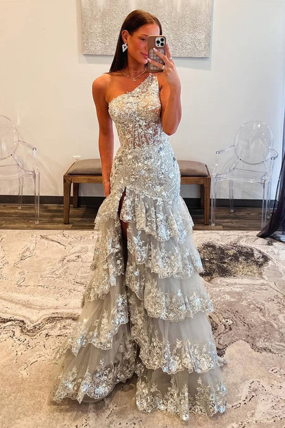 Gorgeous Grey Sequin Prom Dress with One Shoulder Design Long Ruffle Skirt and Sparkle Finish
