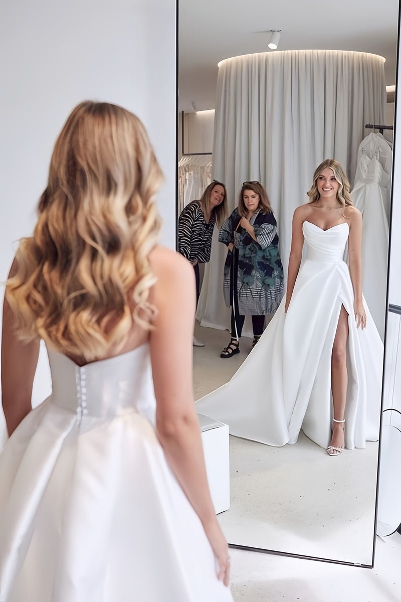 Gorgeous White Sweetheart A-line Wedding Gown Long A Line White Beach Split Bridal Dresses,AST2152