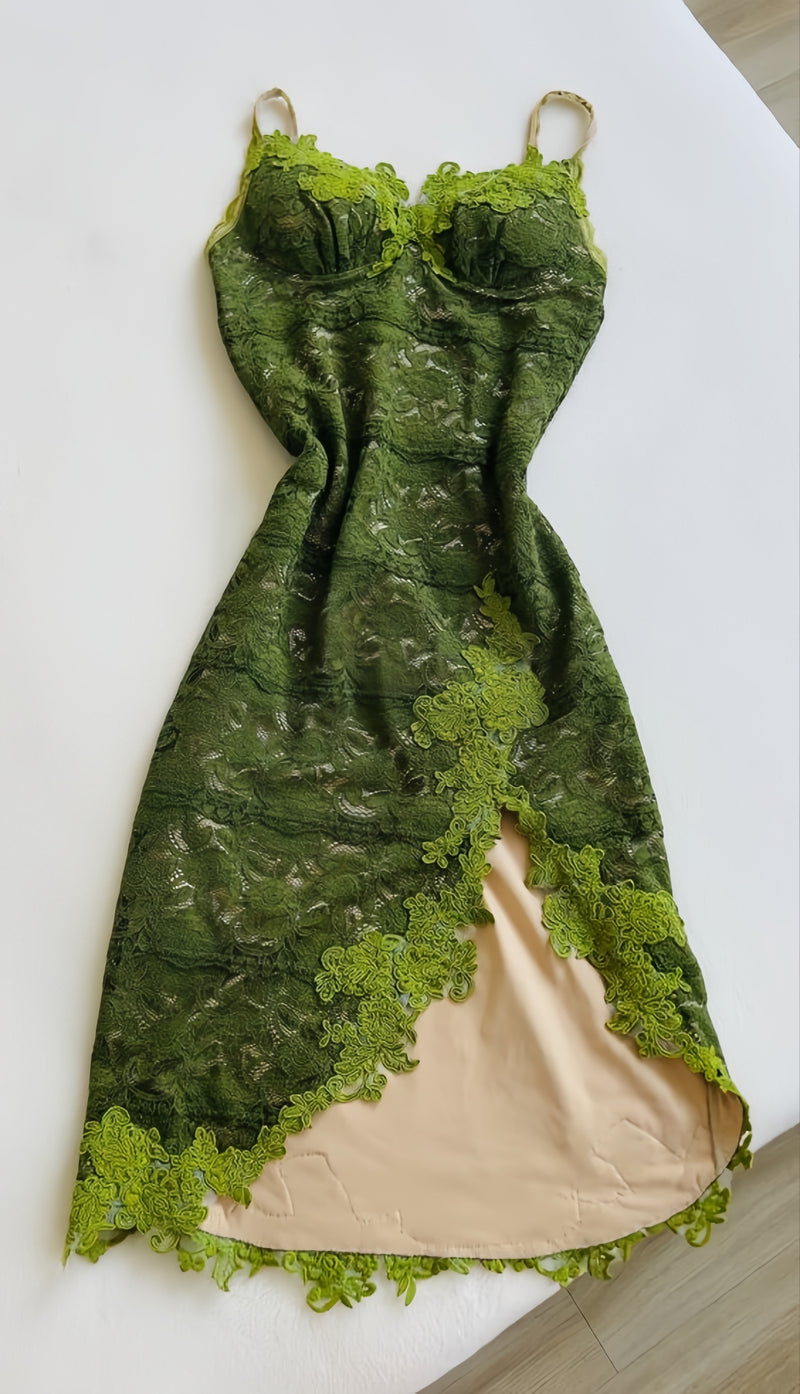 Green Lace Bodycon Homecoming Dress - Short V-Neck Prom Dress with Slit