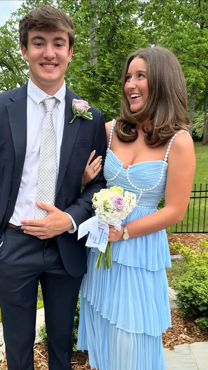 Light Blue Chiffon Prom Dresses, Pearl Beaded Evening Gown, AST1558