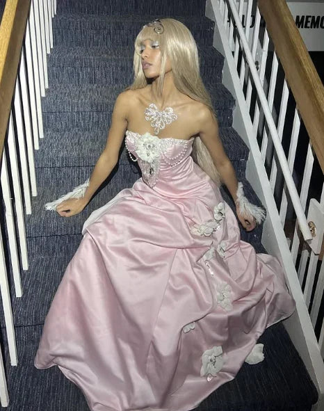Light Pink Strapless Prom Dresses Pearl Floral Evening Party Dress,AST2230