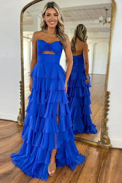 Lovely Pink Strapless A-Line Long Ruffle Chiffon Skirt Prom Dress with Slit