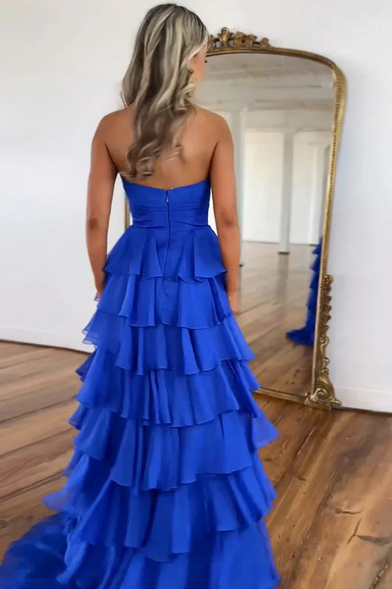 Lovely Pink Strapless A-Line Long Ruffle Chiffon Skirt Prom Dress with Slit