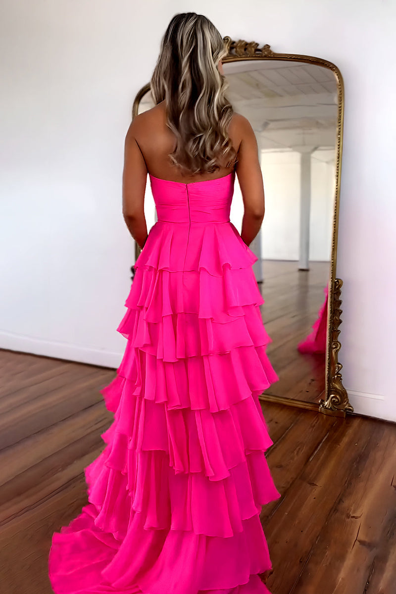 Lovely Pink Strapless A-Line Long Ruffle Chiffon Skirt Prom Dress with Slit