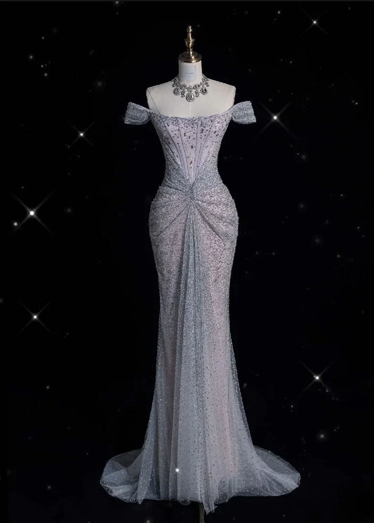 Mermaid Gown Off The Shoulder Tulle Sequins Long Prom Dress for Formal Events &Quinceanera