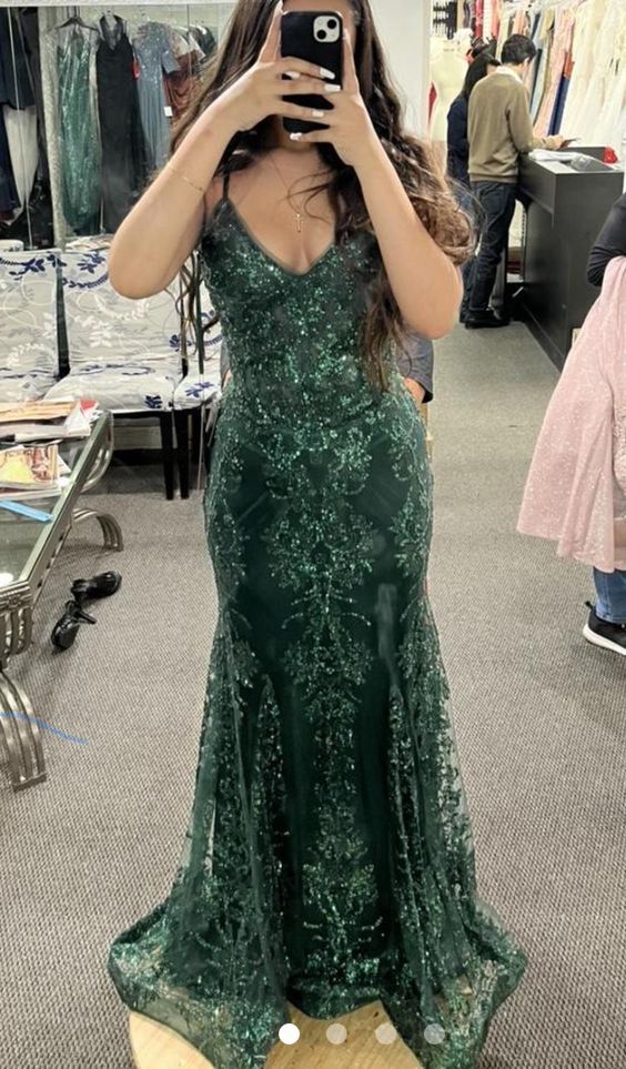 Mermaid Straps Dark Green Prom Dresses Sequin Formal Dress,AST2293