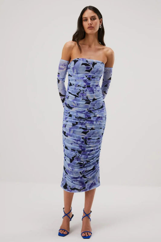 Misha Cosimo Mesh Dress With Gloves - Water Color Floral - JAUS