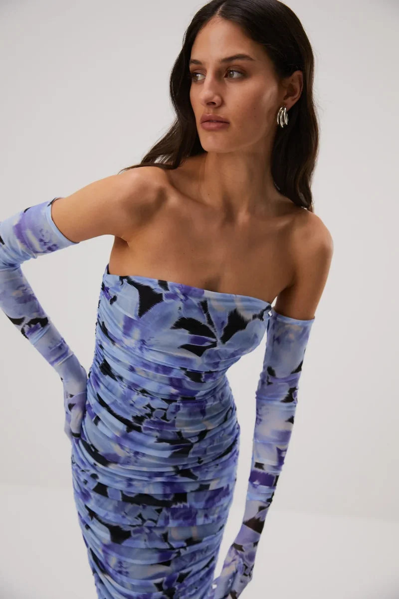 Misha Cosimo Mesh Dress With Gloves - Water Color Floral - JAUS