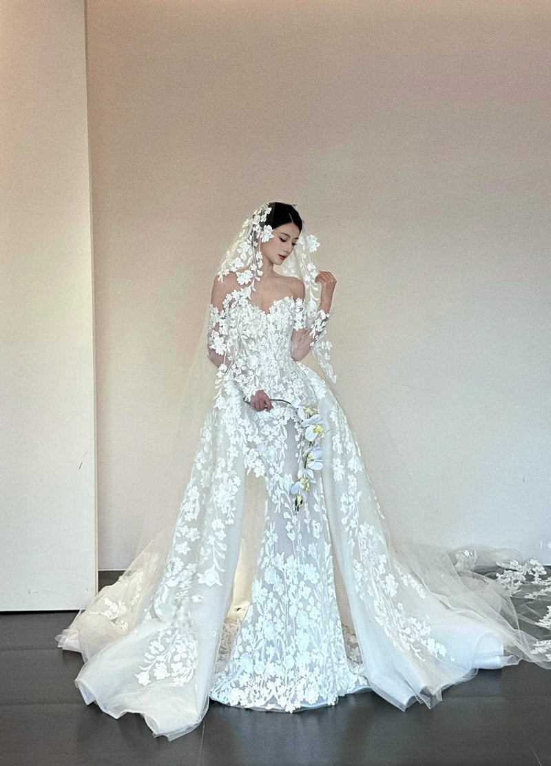 Modest Mermaid Long Wedding Dresses Appliques Tulle White Bridal Gowns Off-shoulder Sleeveless Bridal Dress ED06555