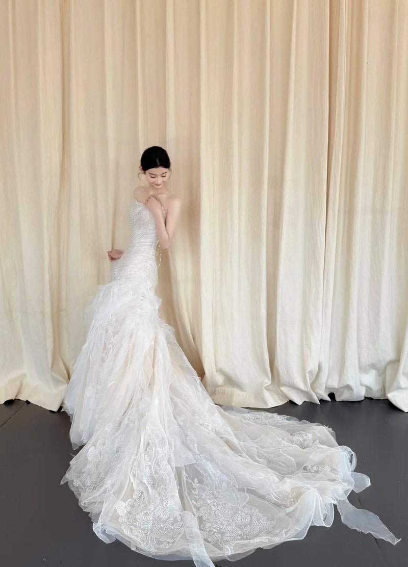 Modest Sheath Long Wedding Dresses Strapless Tulle White Bridal Gowns Beaded Sleeveless Bridal Dress ED06554