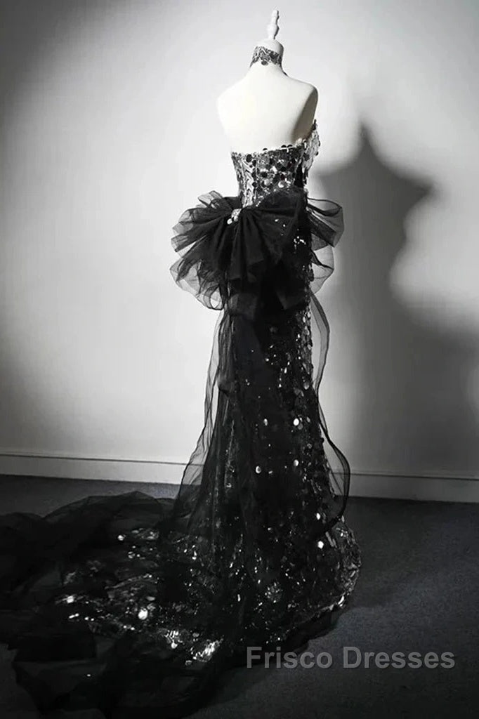 Modest Silver Mermaid Strapless Sequin Tulle Long Formal Prom Dress Formal Evening Dress