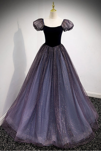 Navy Blue A-line Short Puffy Sleeves Princess Long Dress