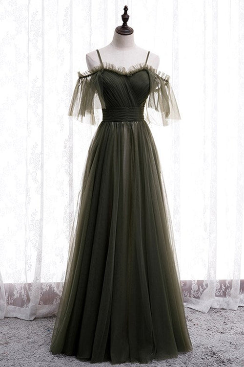 Off the Shoulder Dark Green Pleated Long Formal Dress