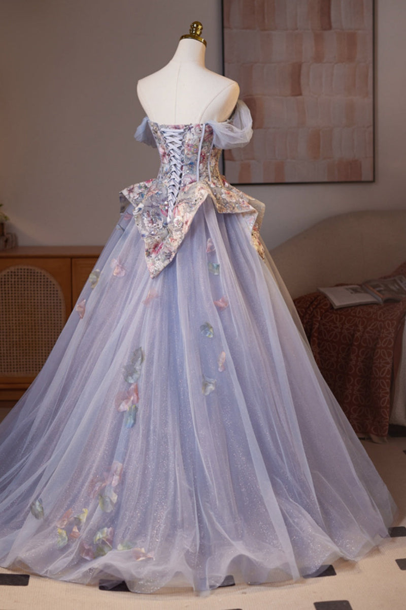 Off the ShoulderPurple Floral Embroidery A-line Prom Dress