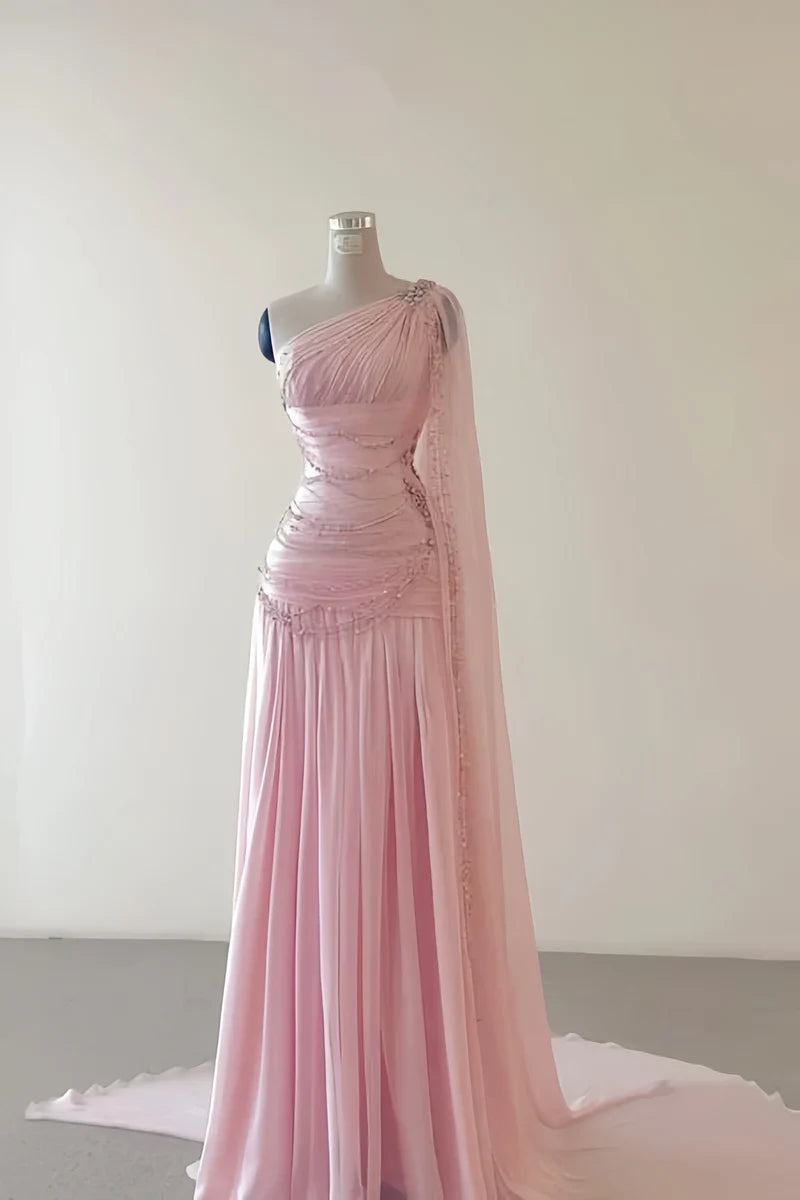 One Shoulder Chiffon Sheath Prom Dresses Beaded Evening Party Dress,AST2127