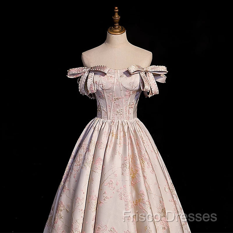 Pink Statin Off Shoulder Floral Long Party Dress, Pink Sweetheart Formal Prom Dress Formal Dress