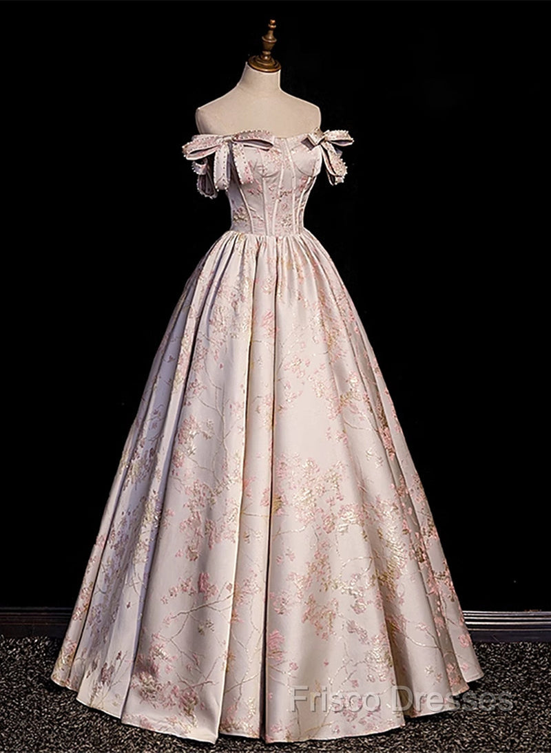 Pink Statin Off Shoulder Floral Long Party Dress, Pink Sweetheart Formal Prom Dress Formal Dress