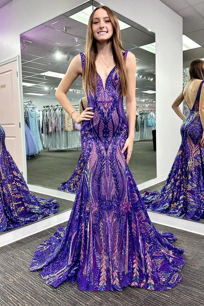Pretty Fuchsia Sequin Lace V Neck Mermaid Long Prom Dresses