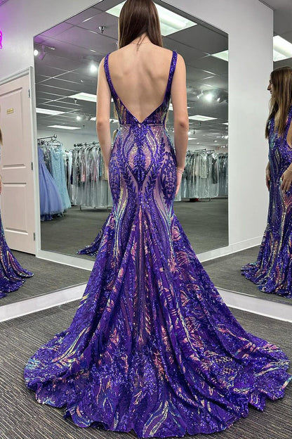 Pretty Fuchsia Sequin Lace V Neck Mermaid Long Prom Dresses
