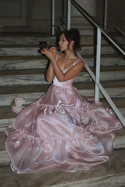 Princess A Line Spaghetti Straps Pink Long Prom Dress with Lace Ruffles