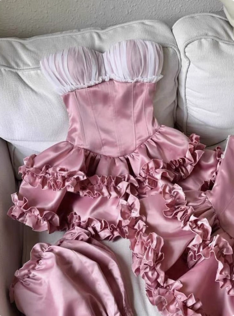 Princess Tube Top Fishbone Waist Ruffled Puffy Birthday Skirt Homecoming Dress