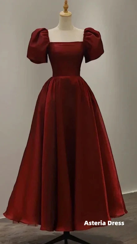 Prom Dresses, Vintage Evening Gown Women Short Sleeve With Square Collar Ankle Length Formal Plain