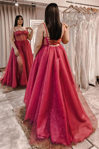 Red Sheer Corset A-line Long Formal Dress