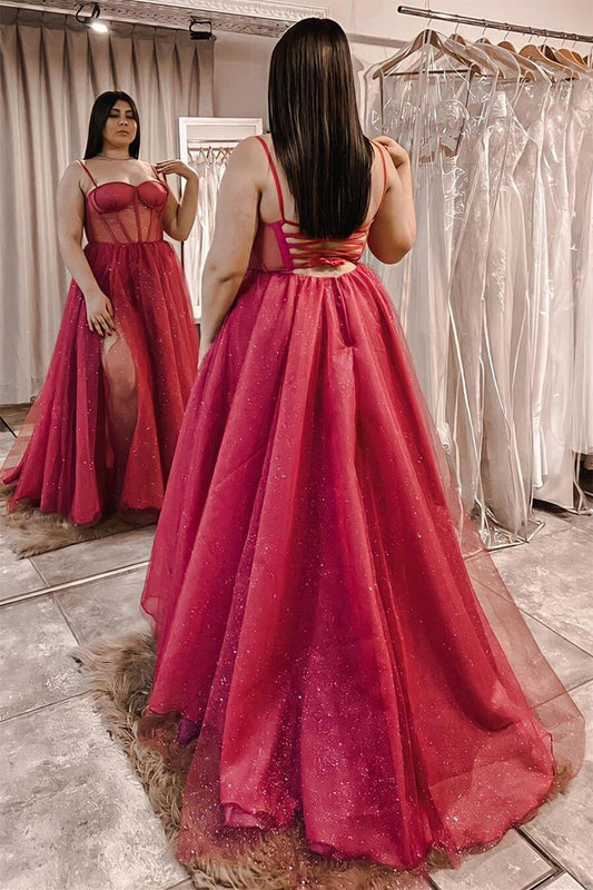 Red Sheer Corset A-line Long Formal Dress