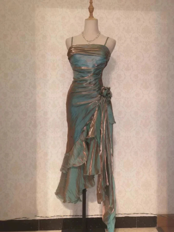 Retro Bodycon Spaghetti Straps Satin Long Party Dress Prom Dresses,AST2132