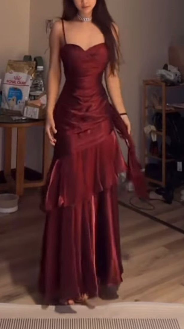 Retro Spaghetti Straps Burgundy Ruffle Prom Dresses Sparkle Night Formal Dress,AST2286
