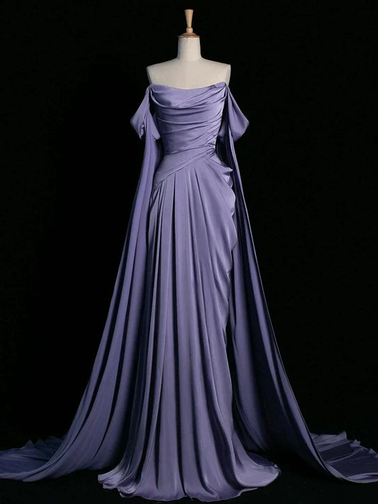 Royal Purple A-Line Off Shoulder Satin Long Prom Dress Formal Evening Dress Wedding Dress
