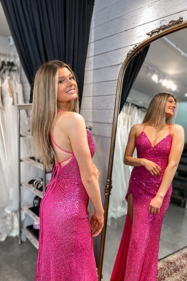 Ruched Fuchsia Sequin Faux Wrap Long Formal Dress