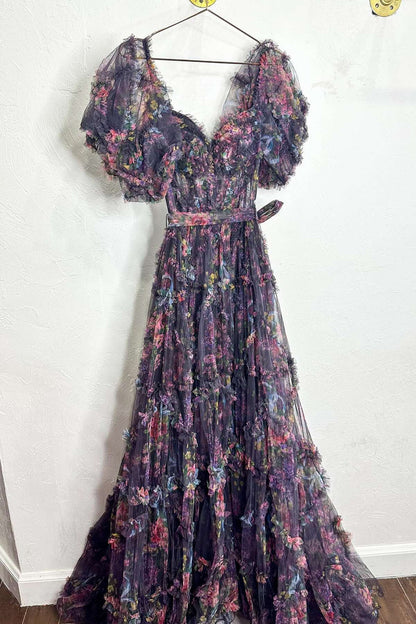 Short Pufff Sleeves Floral Ruffle A-line Prom Gown