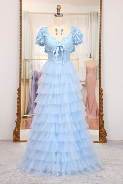 Short Sleeves Blue Lace and Tulle Tiered Dress