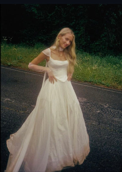 Simple White A-line Chiffon Wedding Dresses Pleated Cap Sleeves Bridal Gown,AST2172