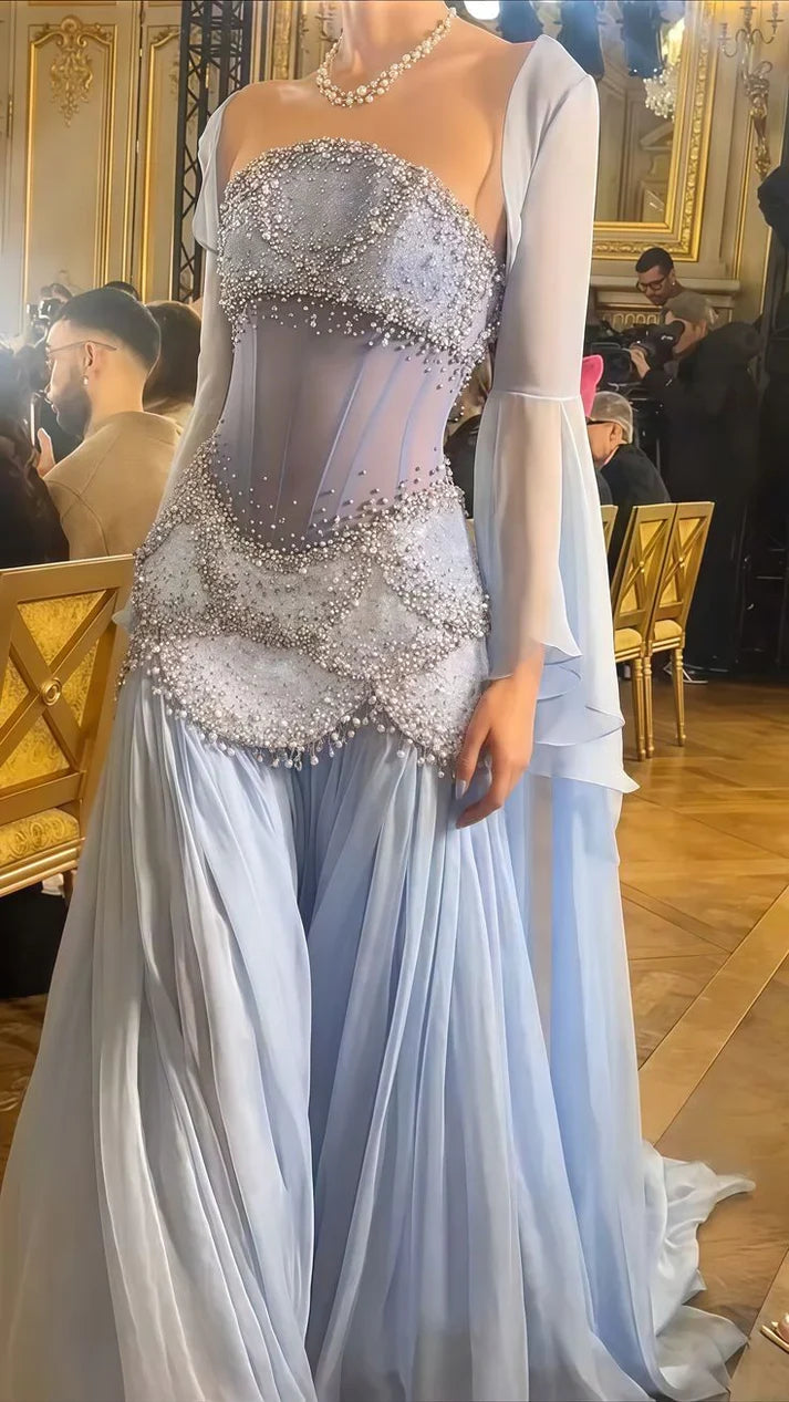 Sky Blue Chiffon Pearl Beaded Prom Dresses Sheath Evening Party Dress,AST2229