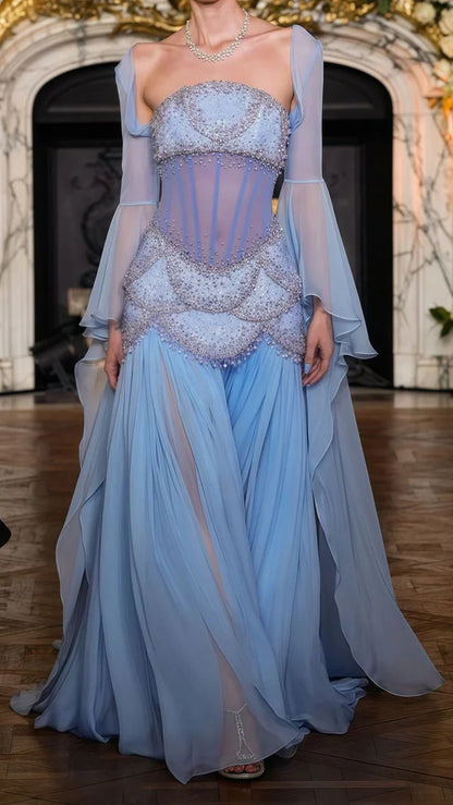 Sky Blue Chiffon Pearl Beaded Prom Dresses Sheath Evening Party Dress,AST2229