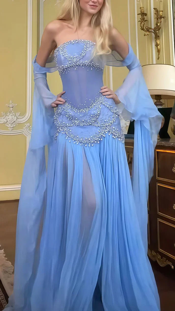 Sky Blue Chiffon Pearl Beaded Prom Dresses Sheath Evening Party Dress,AST2229