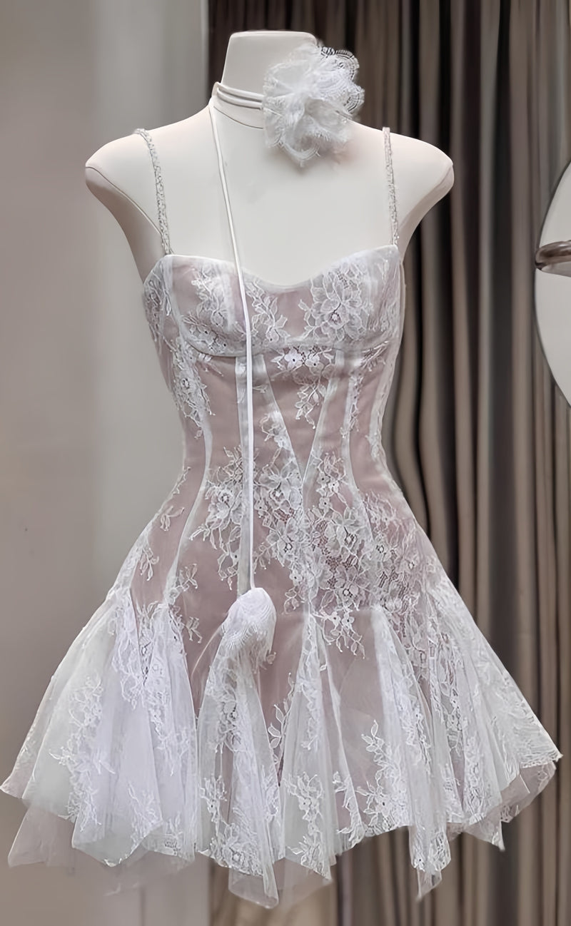 Spaghetti Straps Lace A-line Homecoming Dresses Mini Graduation Dress,AST1893
