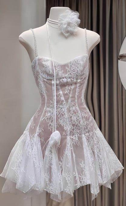 Spaghetti Straps Lace A-line Homecoming Dresses Mini Graduation Dress,AST1893