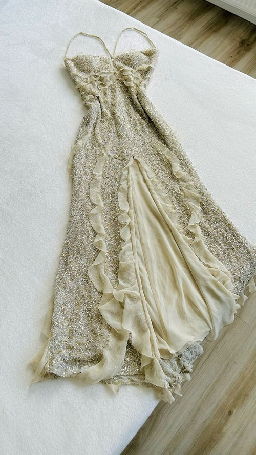 Spaghetti Straps Sequin Long Evening Prom Dresses With Slit