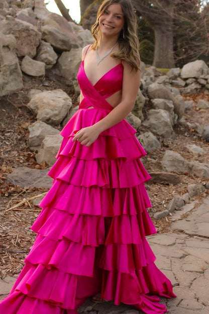 Spaghetti Straps V-neck Ruffle Prom Dresses Sexy Graduation Party Dress With Slit,AST2212