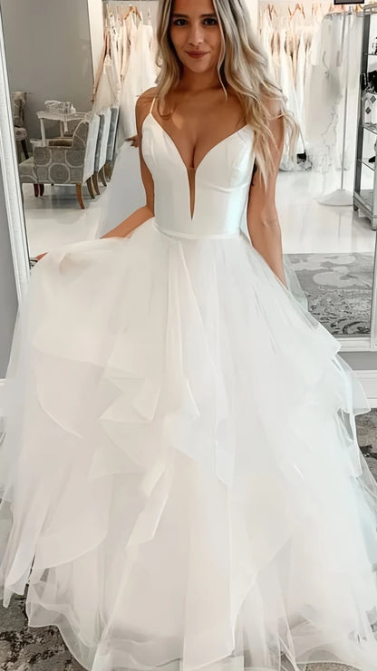 Spaghetti Straps White Ruffles Wedding Dress, A-Line Tulle Party Dress, AST1594