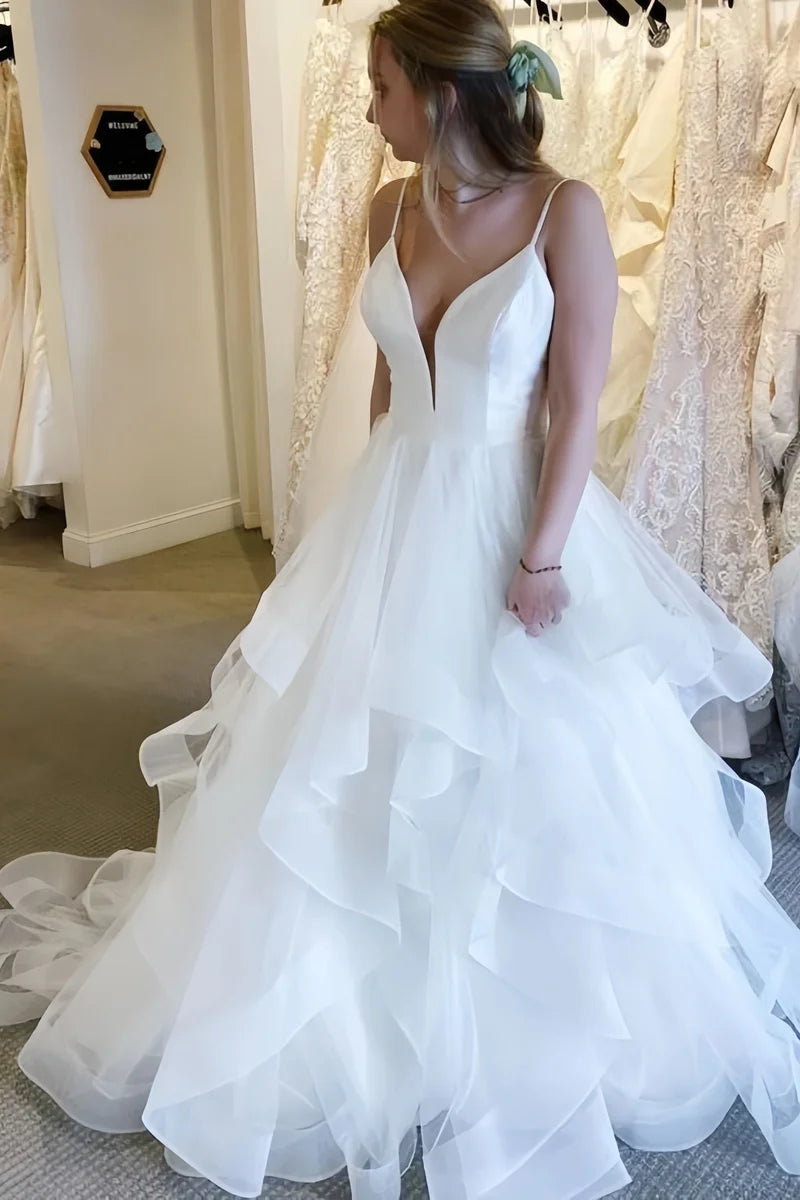 Spaghetti Straps White Ruffles Wedding Dress, A-Line Tulle Party Dress, AST1594