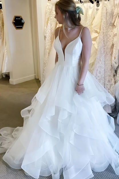 Spaghetti Straps White Ruffles Wedding Dress, A-Line Tulle Party Dress, AST1594