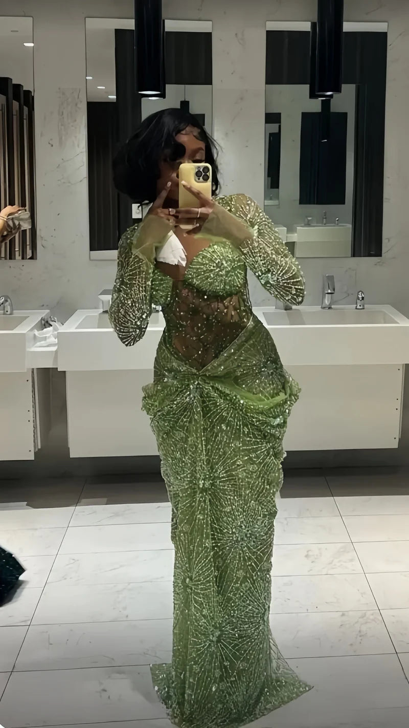 Sparkle Green Sequin Mermaid Prom Dresses Back Girls Evening Party Dress,AST2259