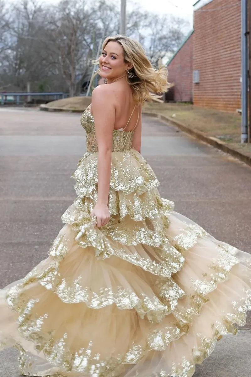 Sparkly Black Prom Dress with One Shoulder Tiered Sequin Layers and Thigh High Slit