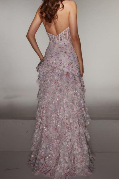 Sparkly Halter Sequin Prom Dress with Corset Bodice High Slit & Ruffle Skirt