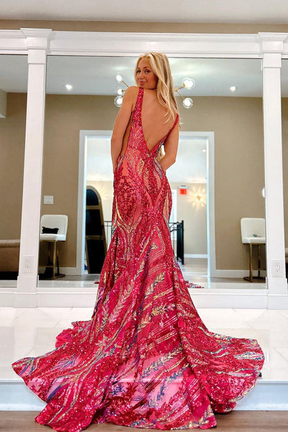Sparkly Mermaid V Neck Sequins Long Prom Dresses